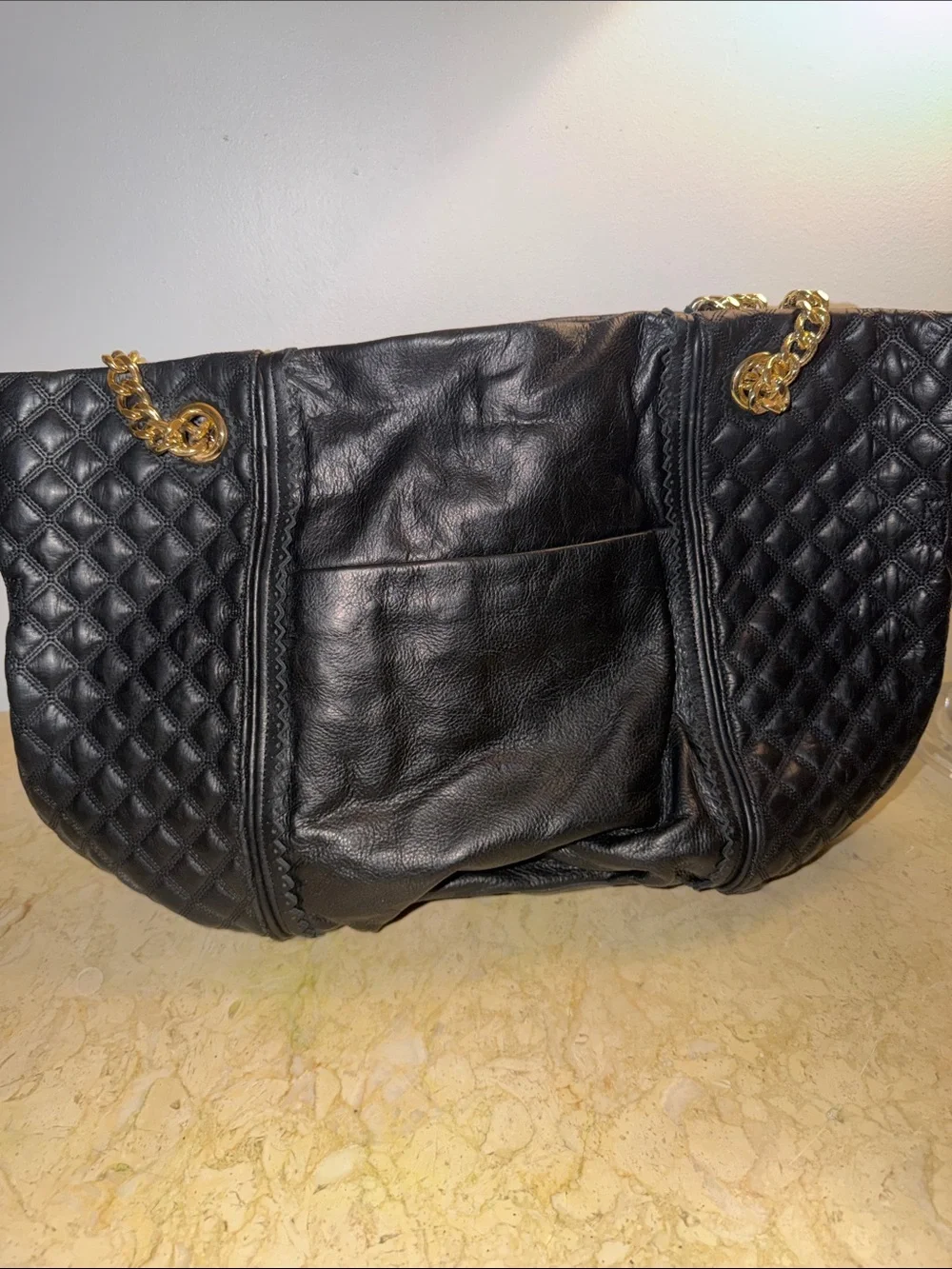 Juicy Couture Black Quilted Leather Tote with Gold Chain Handles